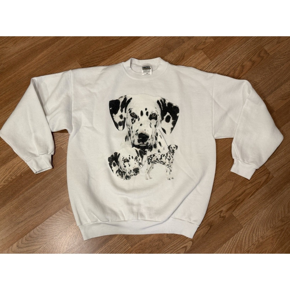 Vintage 90s Dalmatian Dog White Sweatshirt Sz LG Unisex Graphic Novelty Art